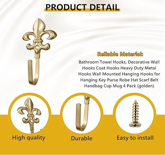 Decorative Wall Hooks for Hanging Things, Vintage Fleur De Lis Metal Coat Hooks, Heavy Duty Gold Rustic Hook for Key, Jewelry, Curtain Tie Backs, Towel, Hat, Small Decorative Hardware 4 Pack