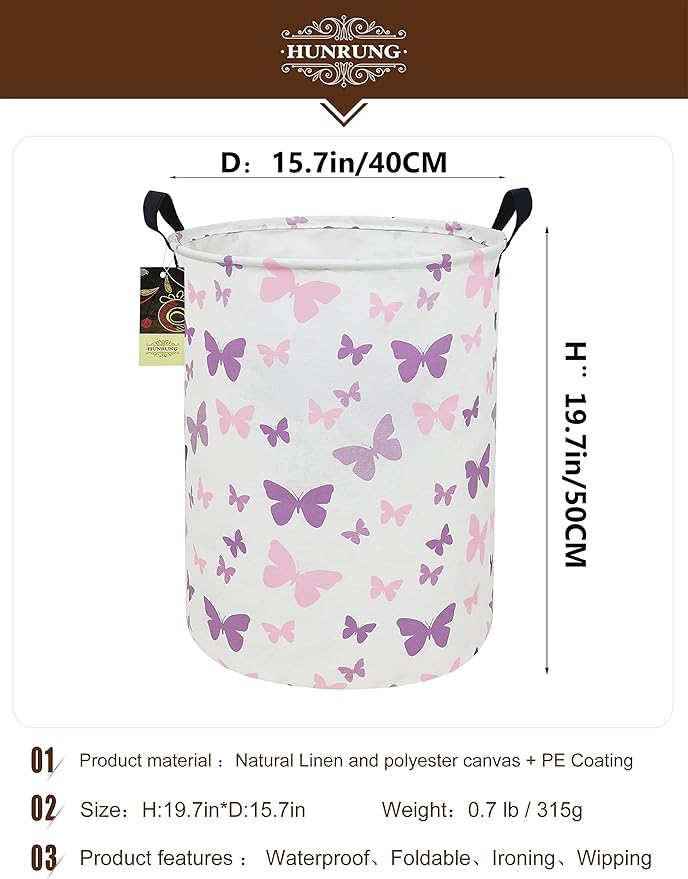 HUNRUNG Laundry Hamper,Large Canvas Fabric Lightweight Storage Basket Toy Organizer Dirty Clothes Collapsible Waterproof for College Dormsï¼Round-Butterflyï¼