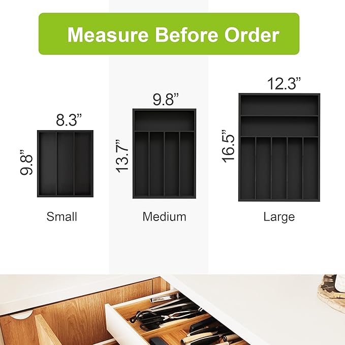 Sliverware Organizer, Bamboo Kitchen Drawer Organizer, Flatware Organizer Tray Holder for Sliverware, Utensil & Cutlery (Black, 7 Slots)