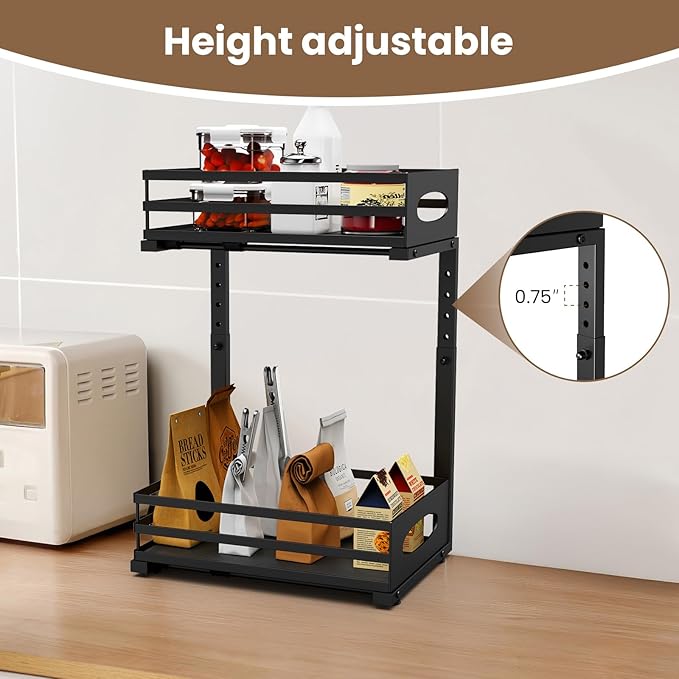 Under Sink Organizer, Slide Sink Steel Shelf Cabinet Storage Shelves, Height Adjustable Under Sink Organizers and Storage, 2 Tier Pull Out Drawer Cabinet Organizer for Kitchen Bathroom