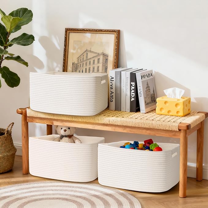 3 Pack Large Storage Basket for Organizing, 17.5"x13.5"x7.5" Woven Basket for Shelves, Closet Cube Storage Bins with Wrapped Handle, Cotton Rope Baskets for Kitchen, Clothes, Toys(Off White)