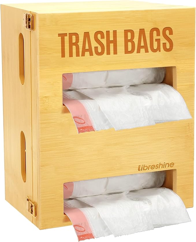 Bamboo Double Trash Bag Holder Dispenser – Wall Mount or Cabinet Storage for Kitchen/Pantry/Laundry, Holds 2 Standard Rolls – Space-Saving Garbage Bag Organizer with Easy Access