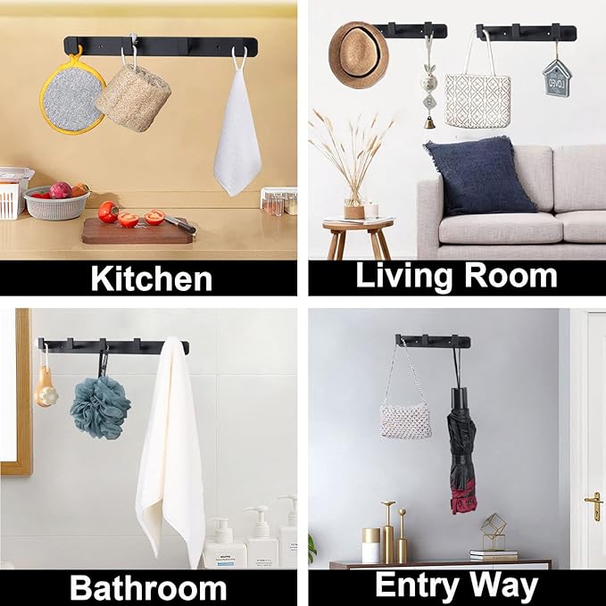 Coat Rack, Heavy Duty Stainless Steel 5 Tri Coat Hook Hanger, Wall Mounted Wall Hooks, Rustic Clothes Hook/Key Hook Rail for Bathroom Kitchen Entryway(2 Pack, 5 Hook Black)