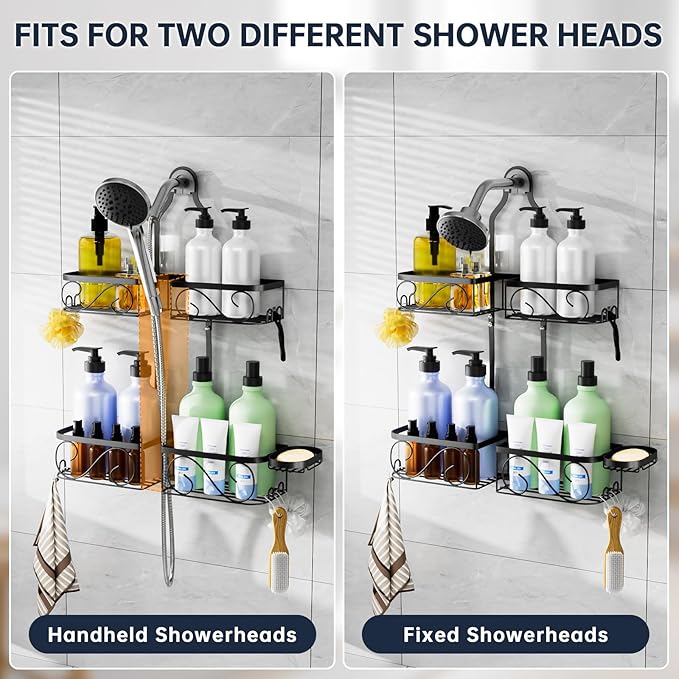 Kadolina Shower Caddy Hanging for Handheld Showerheads, Rustproof Stainless Steel Shower Organizer, Large-Capacity Bathroom Organizer Rack with Soap Dish and Hooks for Razor/Sponge, Black