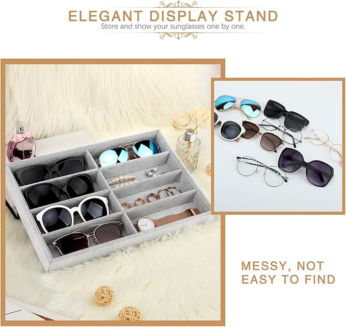 Emibele Sunglass Organizer Jewelry Tray, 8 Grids Velvet Tray Glasses Watch Storage Stackable Eyeglasses Jewelry Showcase Display Organizer Tray - Grey