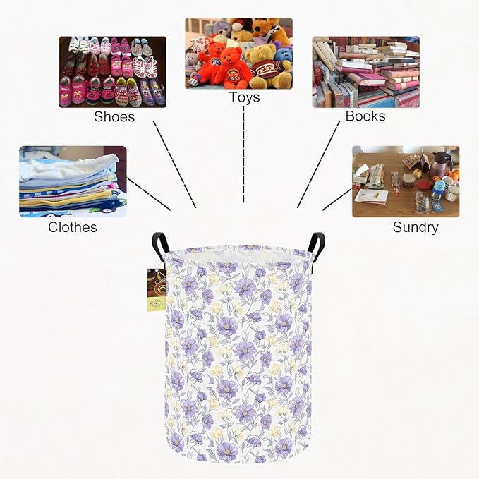 HUNRUNG Laundry Hamper,Large Canvas Fabric Lightweight Storage Basket Toy Organizer Dirty Clothes Collapsible Waterproof for College Dormsï¼Round-Purple Flowersï¼