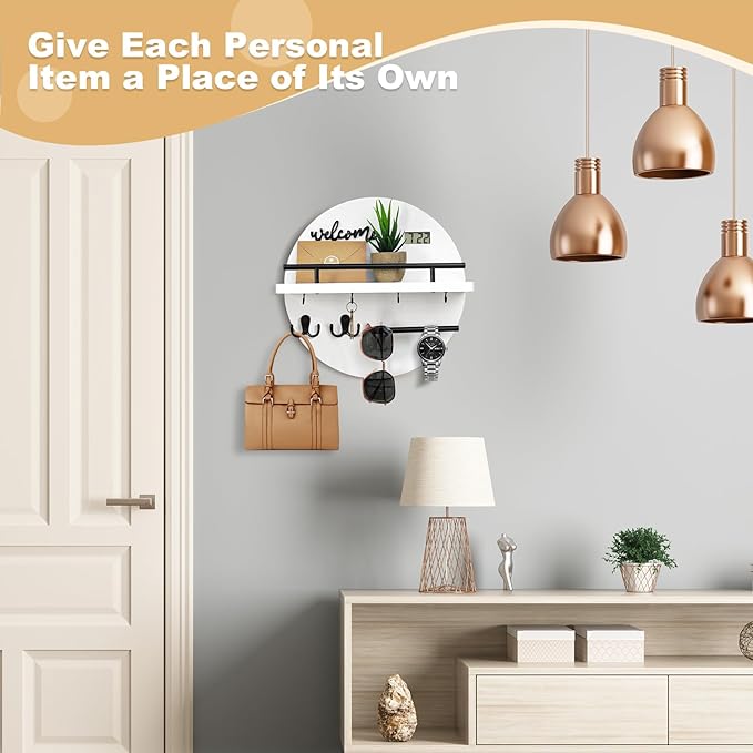 Key Holder for Wall, Key and Mail Holder Organizer with - Key Holder Wall Mount - Round Wooden Rustic Home Decor for Entryway, Mudroom, Hallway, Kitchen Office (White&Black)