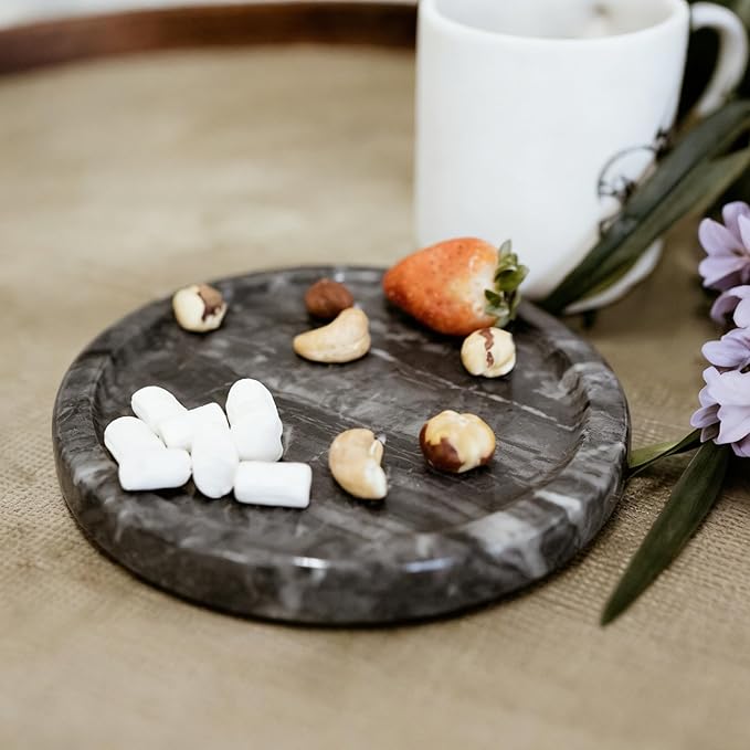 Natural Marble Tray, Round Black Tray for Bedroom/Bathroom/Kitchen/Vanity Countertop, Jewelry Tray for Rings Earrings Necklace Bracelet Watch, Room Decor Aesthetic