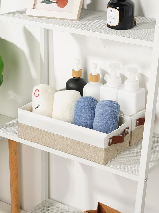 HNZIGE Toilet Paper Baskets for Storage, 13"x 5.9"x3.9" Narrow Storage Bins Baskets with Leather Handles for Organizing Closet and Shelf,Bedrooms, Living Rooms, White&Khaki-3 Pack