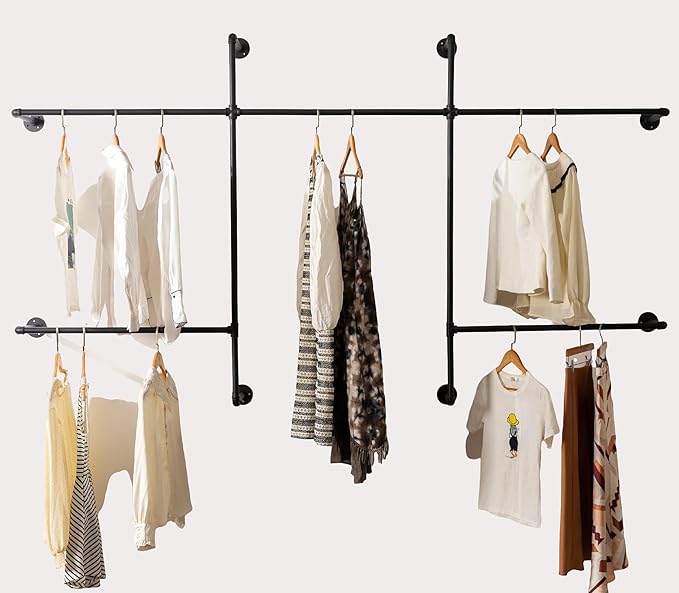 Industrial Pipe Clothes Rack Wall Mounted Clothing Rack,Heavy Duty Iron Pipe Garment Rods,Detachable Multi-Purpose Clothing Hanging Rod/Garment Bar, Black