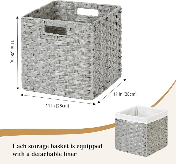 DULLEMELO Wicker Storage Cubes for Organizing 11x11x11 Inch Woven Storage Basket with Liner, Set of 2 Cube Storage Baskets for Shelves, Laundry Basket with Handles, Light Grey
