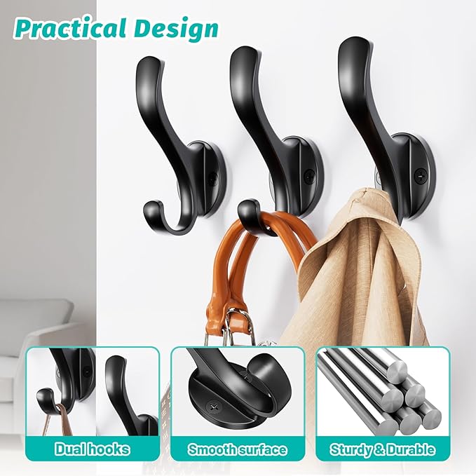 Coat Hooks Heavy Duty - Easy to Install Metal Towel Hooks Screw-in Wall Hooks for Hanging Hat, Towel, Key, Robe, Scarf, Bag, Cap (12, Black)