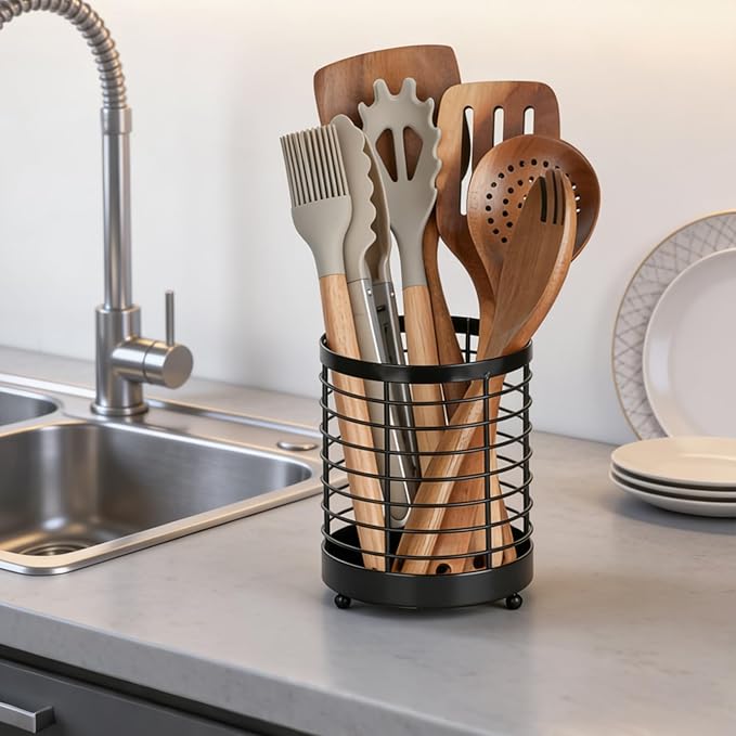 Utensil Holder for Kitchen Counter, Stainless Steel Utensil Crock for Cooking Tools, Spatula, Silverware Forks, Knives, Spoons Countertop Organizer