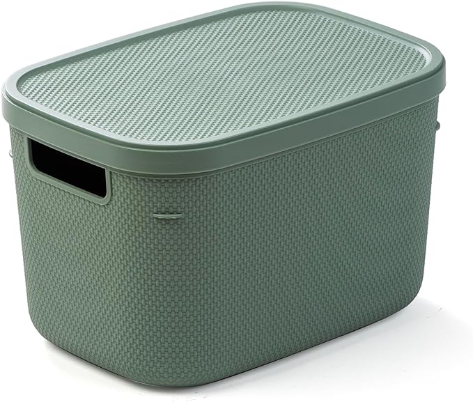 BINO | Plastic Storage Bins with Lids, 5.5 Liter - 3 Pack, Desert Green | THE TWILL COLLECTION | Plastic Bins for Organization | Woven Storage Baskets for Organizing Pantry Shelf Organizer Basket Bin