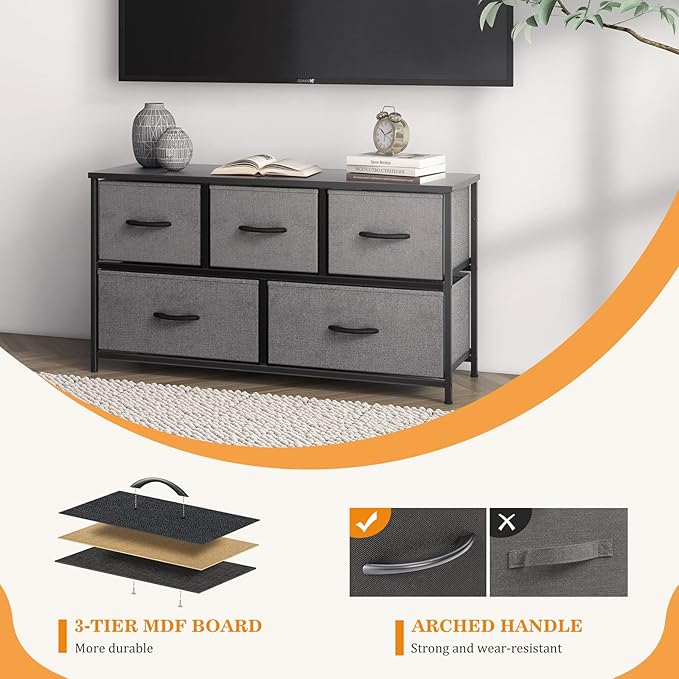Sweetcrispy Dresser for Bedroom 5 Drawer Chest Tower, Small Storage Organizer Units Kidsroom, Living Room, Closet, Wooden Top Steel Frame & Fabric Bins, Lightweight TV Furniture, Clothing Cabinet