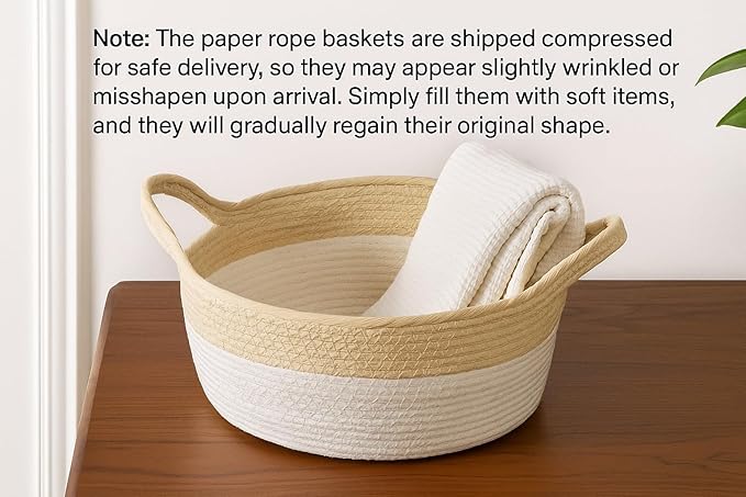Set of 3 Paper Rope Storage Baskets with Handles – Handwoven Decorative Organizer Bins for Shelf, Closet, or Laundry – Natural Beige & White Home Decor Baskets-White
