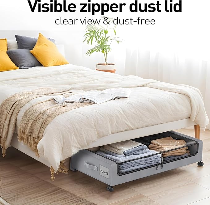 APSARAS USA Underbed Storage with Wheels, Under Bed Storage Containers with Clear Window, Rolling Drawers & Bins for Shoes Clothes in Dorm Bedroom, Easy Pull-out Black 2-Pack- Space-Saving