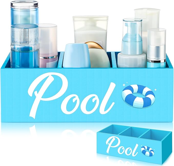 Pool Storage Basket Blue Summer Wooden Box with 3 Compartments Toilet Tank Tray for Indoor Outdoor Swimming Pool Decor Sunblock Sunglasses Beach Toy Storage Box