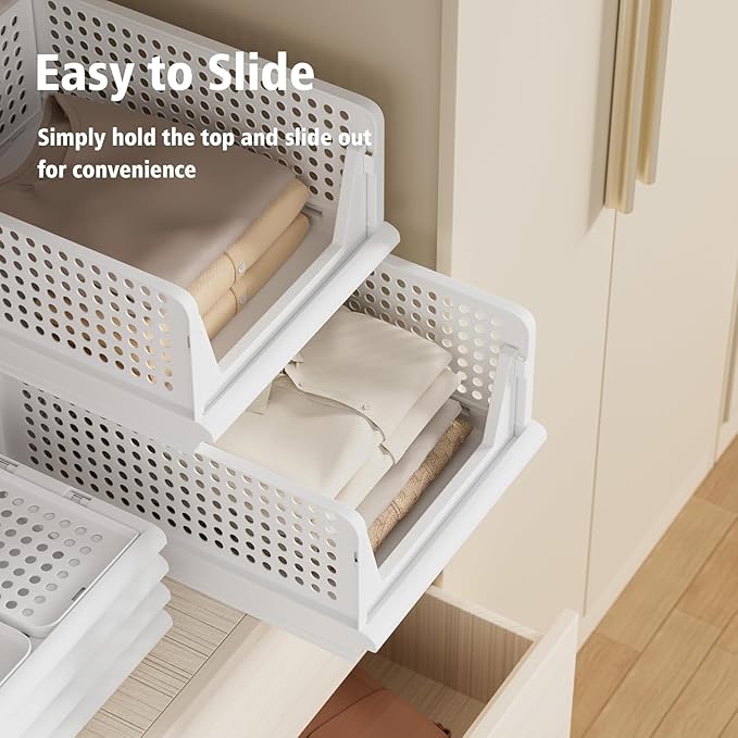 Proarea 5 Pack Stackable Storage Bins, Foldable Closet Organizer Baskets, Plastic Drawer Bins for Closet Organization, Wardrobe Shelf, Laundry Room, White