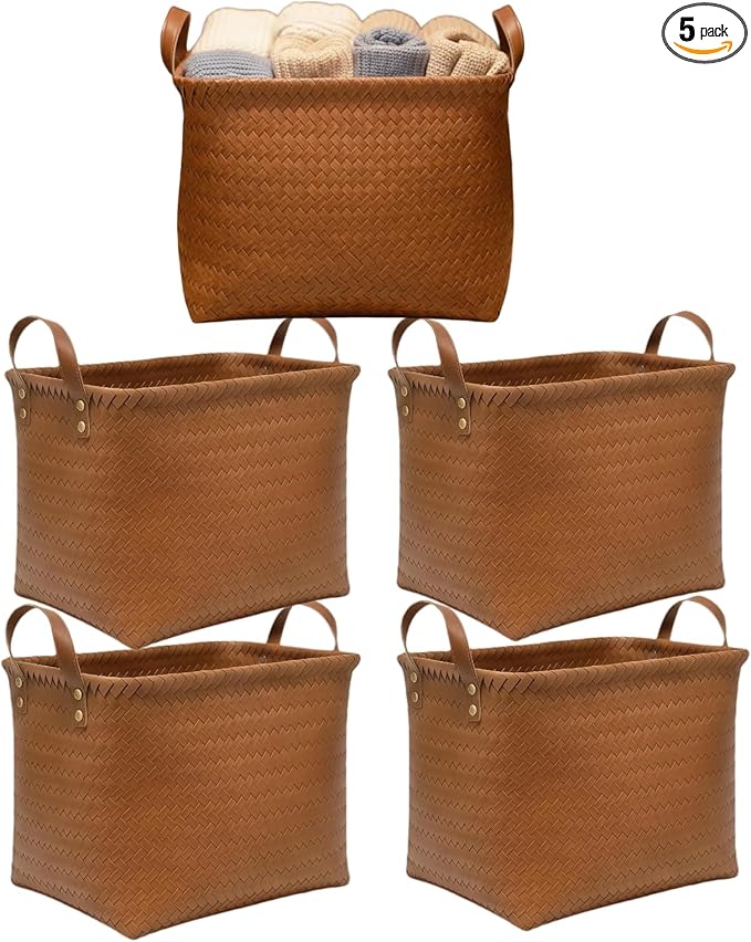 Storage Baskets 5-Pack - Woven Laundry Basket Organizer, 15x11x11Inch Open Hamper Bins for Clothes Blanket Storage,Shelf Closet Organization, 25L Handwoven Rattan Baskets for Home Decor