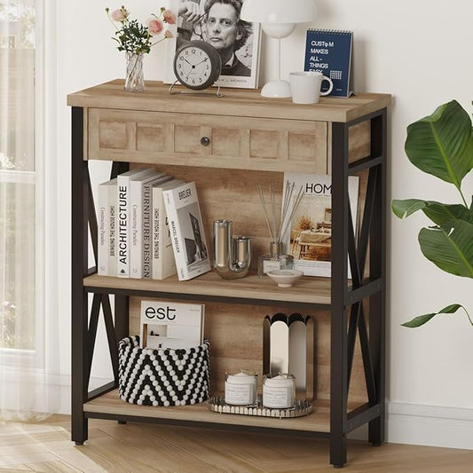 FATORRI Rustic Bookshelf with Drawer, Industrial Wood and Metal Bookcase, Small Short Book Shelf and Low Book case for Small Space (Rustic Oak)