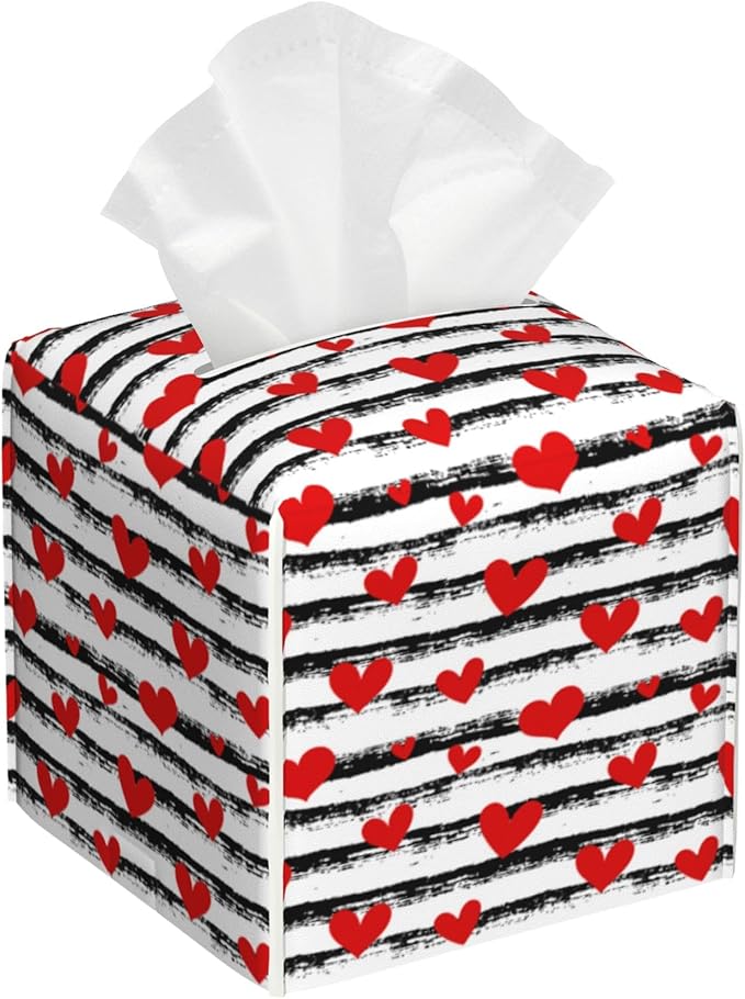Tissue Box Holder Red Hearts on Black and White Stripes Tissue Box Cover Square Leather Tissue Holder Organizer Portable Decorative Facial Paper Case for Home Office Bathroom Vanity Countertop