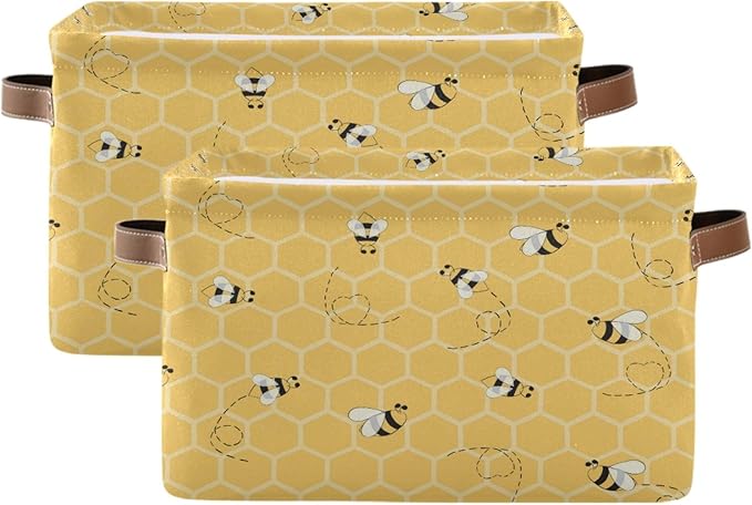 AUUXVA Bee Storage Basket Yellow Honeycomb Beehive Geometric Pattern Storage Cube Box Canvas Collapsible Toy Basket Organizer Bin with Handles for Shelf Closet Bedroom Home Office