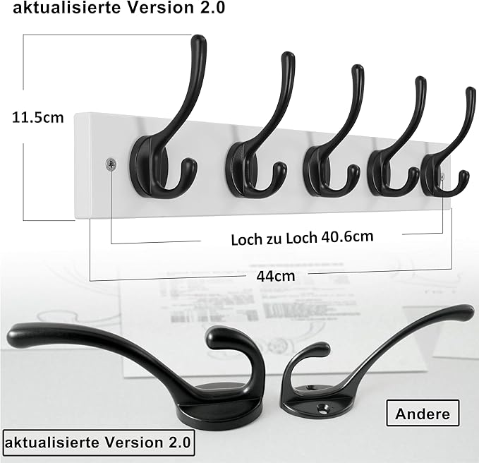 Dseap Wall Mounted Coat Rack: 16" Hole to Hole, Coat Hook Hanger with 5 Metal Hooks for Hanging Coats Towels Hats Clothes, White & Black, 2 Packs
