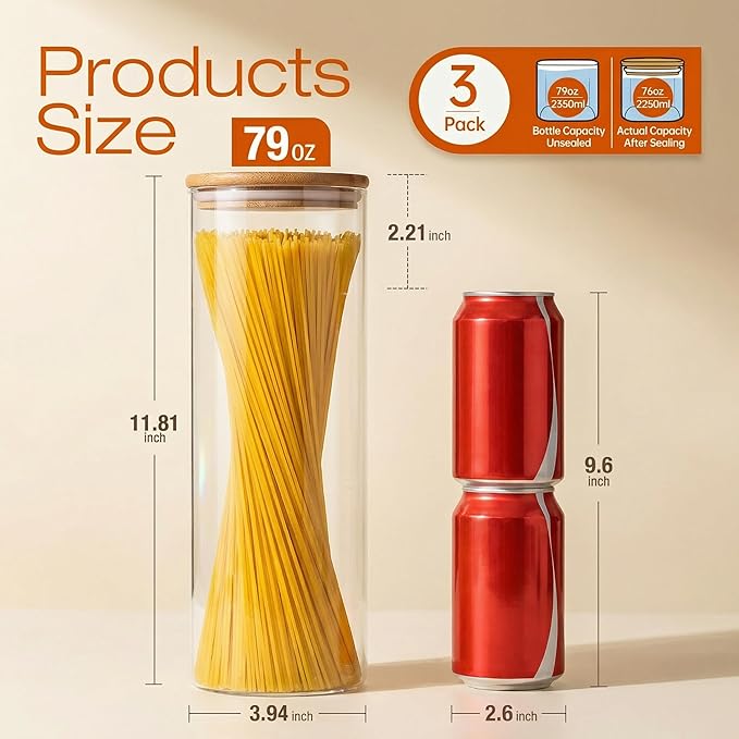 Glass Jars with Bamboo Lids 79 FL OZ [Set of 3], Glass Canisters with Airtight Lids, Glass Food Storage Containers for Spaghetti, Fettuccine, Linguine,Pasta, Best for Kitchen & Pantry