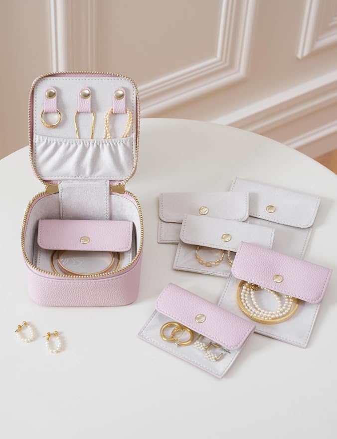 Popvibe Small Jewelry Box Portable Jewelry Case Travel Jewelry Organizers and Storage with 6 Mini Pouch Jewelry Bags, Pink Traveling Jewelry Case for Women