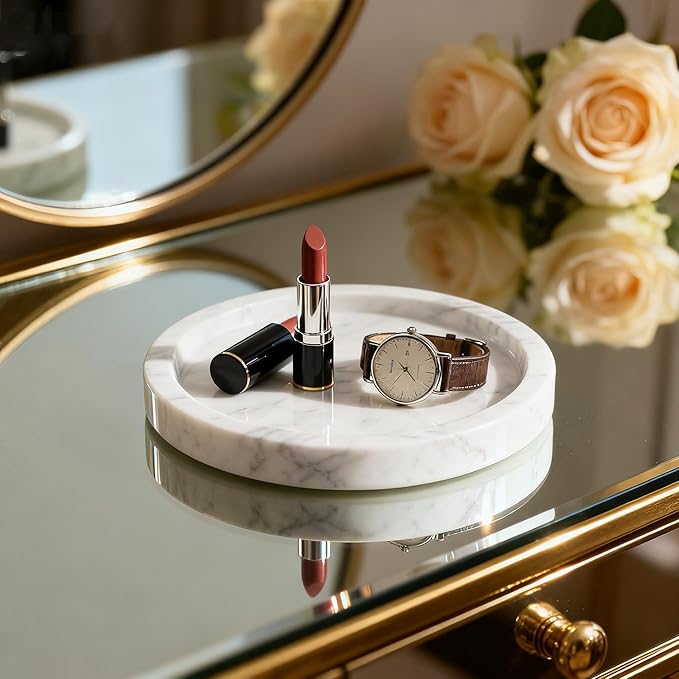 Natural Marble Tray for Rings and Jewelry Dish, 5.91 inch Round Decorative Tray for Kitchen, Vanity, Bathroom,Dressing Table, Bedside Table, Home Decor, White (NS027)