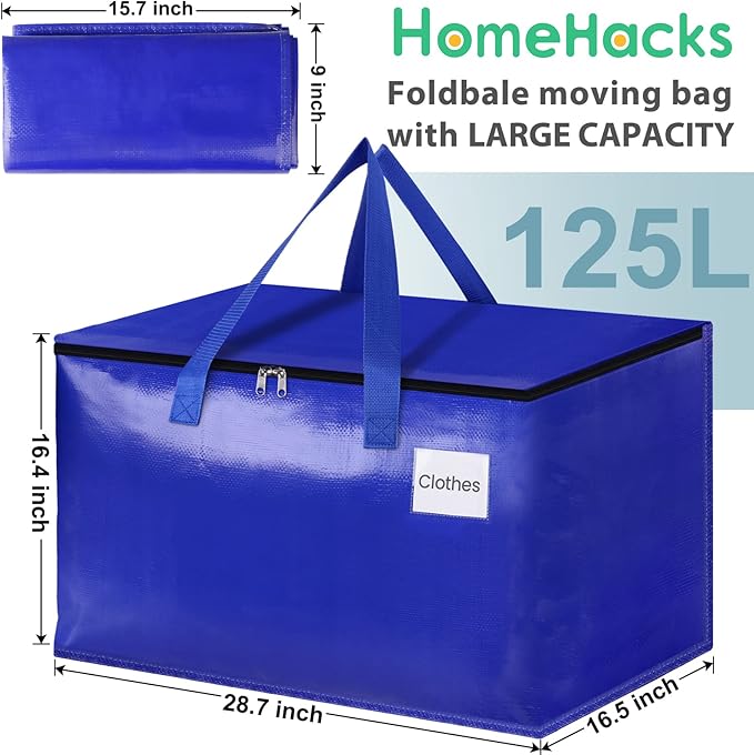 HomeHacks Moving Bags Heavy Duty with Strong Zippers and Handles Collapsible Moving Supplies, Storage Totes for Packing & Moving Storing 125L,6-Pack, Blue