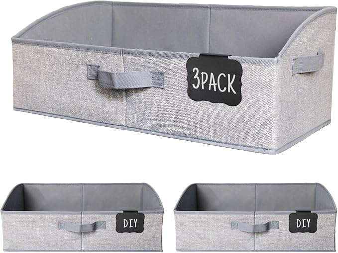 Closet Organizers and Storage Bins with Labels Clip, Large Trapezoid Storage Baskets for Shelves, 28L Foldable Fabric Clothing Organizer for Blankets, Towels and Toys, Grey, 3-Pack