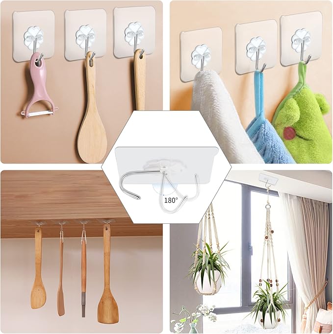 50 Packs Adhesive Hooks, Heavy Duty 22lb(Max) Wall Hooks for Hanging Key Cup Hat Coat Holder, Transparent Waterproof Sticky Hooks Wall Hangers for Kitchen Bathroom Shower Door Hanger Hooks