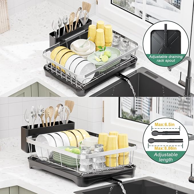 LIYI Dish Rack for Kitchen Counter,Stainless Steel Drying Rack,304 Stainless Steel with Drainage Plate,Large Capacity Utensil Storage System,Intelligent Drainage and Deflector Structure,Black