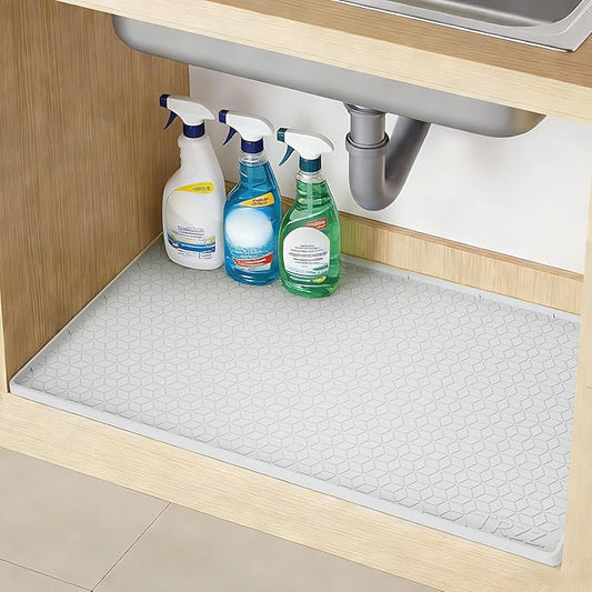 TRZZ Silicone Waterproof Under Sink Mat 22" x 19", Drip Tray and Cabinet Liner for Kitchen and Bathroom, Prevents Water Damage and Organizes Cabinets (Light Grey)