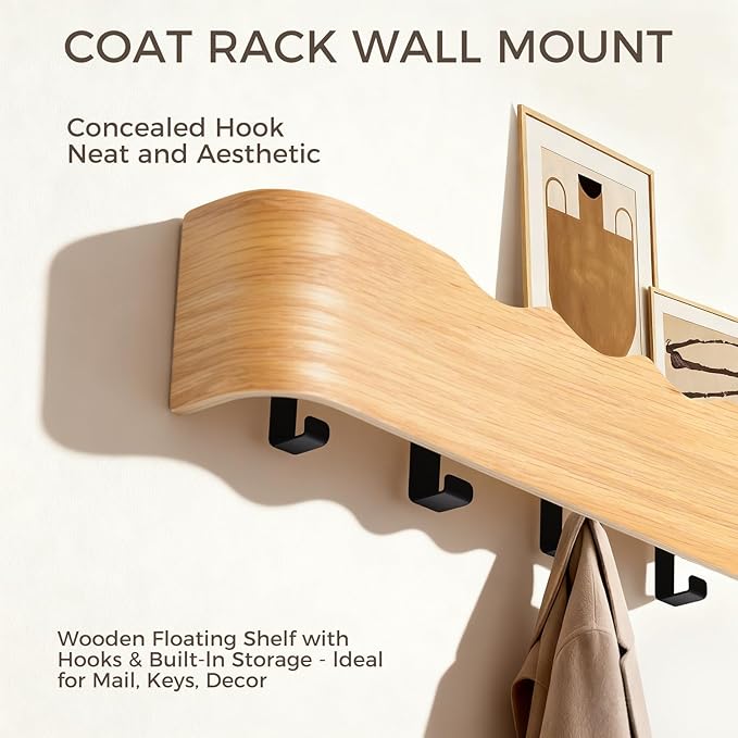 Wall Coat Rack Floating Shelves Modern Coat Rack Wall Mount with Storage Entryway Shelf Wooden Hanger 20 Inch 4 Hidden Metal Hooks for Living Room Bedroom (Wavy Oak, 5 Hooks)