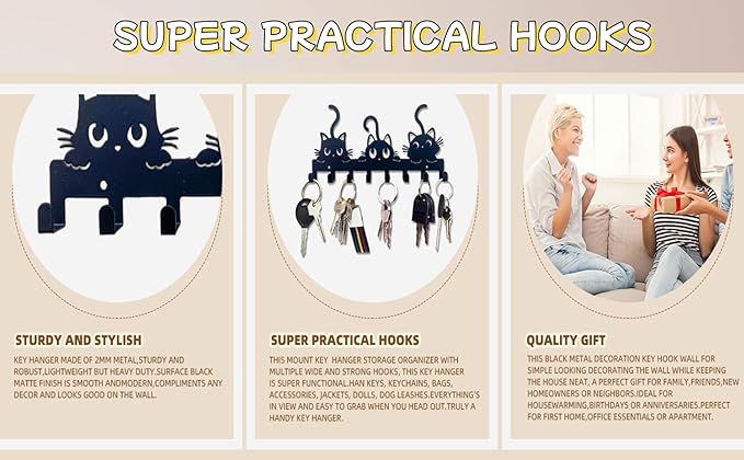 NEW Key Holder Wall Mounted with Screws and Anchors, Black Cute Cat Key Holder with 8 Hooks, Entryway Front Door Kitchen Hallway Garage Office(Three Cats)