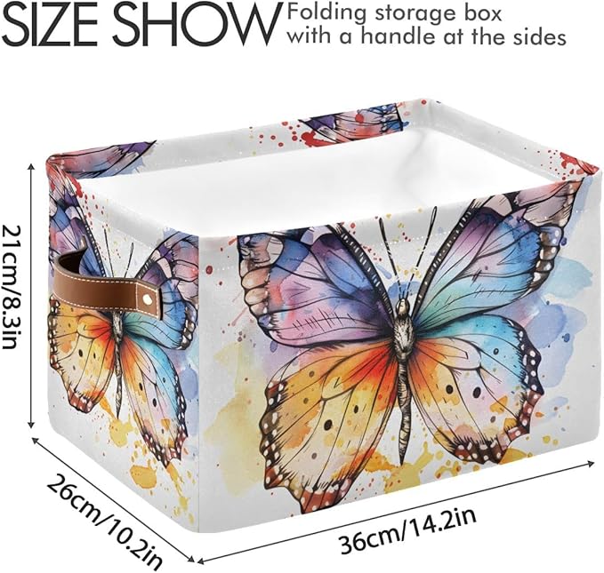 Storage Basket Watercolor Colored Butterfly Durable Canvas Collapsible Toy Box Organizer Bin with Handles for Shelf Closet Bedroom Home Office