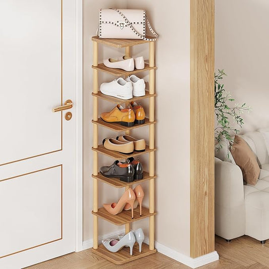 LUCKNOCK Vertical Shoe Rack, 8-Tier Tall Narrow Shoe Organizer for Entryway, Closet, Dorm & Small Spaces, Freestanding Wooden Shoe Shelf Tower for Boots, Sneakers, Heels. (Walnut)