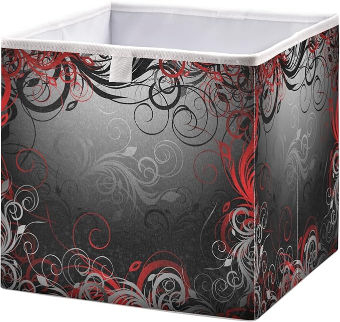 Blueangle Black Red Floral Cube Storage Bin, 11 x 11 x 11 in, Large Collapsible Organizer Storage Basket for Home Décor