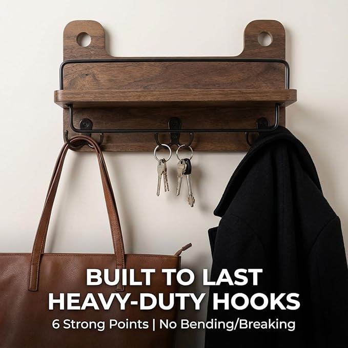 Key Holder for Wall with Shelf - 5.1" Deep Large Mail Organizer Wall Mount with 3 Heavy-Duty Dual Hooks & Safety Guardrail - Rustic Wood Wall Shelf for Entryway, Kitchen, Office