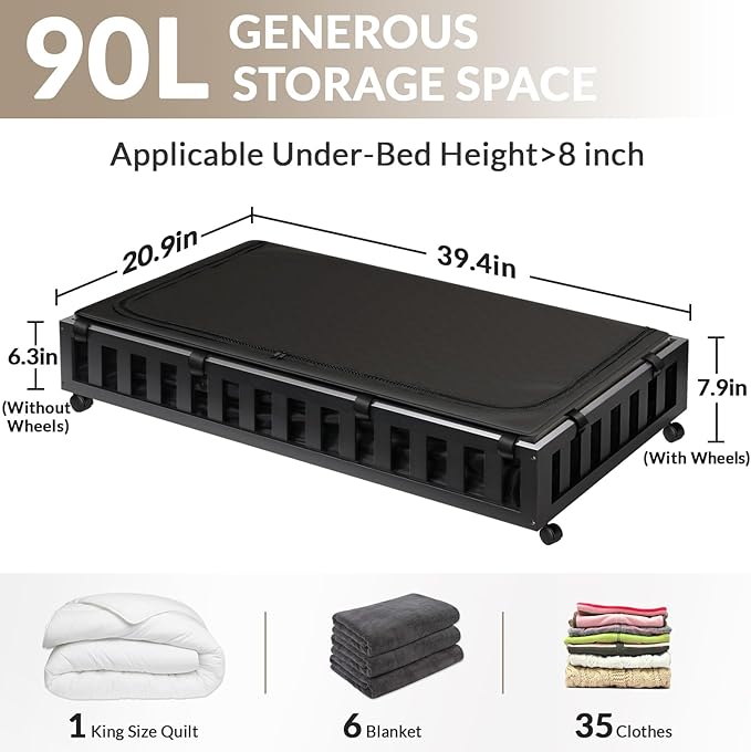 2 Pack Bamboo Under Bed Storage with Wheels, 39âx20âx7.8â Lager Under Bed Storage Containers (Black)