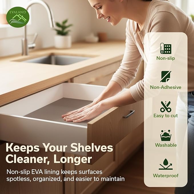 EVALAND Shelf Liners for Kitchen Cabinets Non-Adhesive 12" x 33 FT Beige Drawer Liner Non Slip, Washable Cabinet Liner, Waterproof Shelf Liners for Cabinets, Refrigerator Bathroom Pantry - Thickened