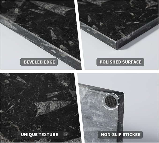 Natural Moroccan Fossil Stone Tray - Black Marble Decorative Serving Board for Charcuterie, Cheese, Pastry - Jewelry, Candles, Perfume, Trinket Plate, Kitchen & Home Decor Centerpiece 12"x 8"