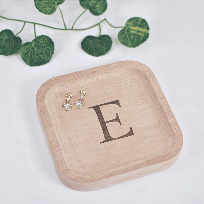 I'm Wooden Personalized Letter Catchall Valet Tray Trinket Dish Jewelry Tray Key Bowl Decorative Plate Organizing Ring Earrings Necklaces Bracelet Watch Coins Wallet Holder (6"x6" Sq Natural E)