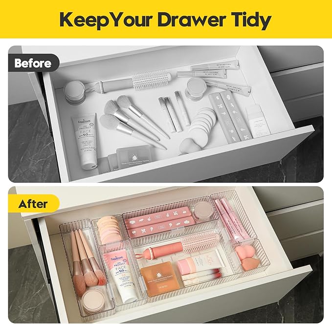 7 PCS Clear Drawer Organizer Bins with Locking Clips, Interlocking Non-Slip Stackable Drawer Trays, 4 Sizes for Makeup Vanity, Bathroom, Office & Kitchen