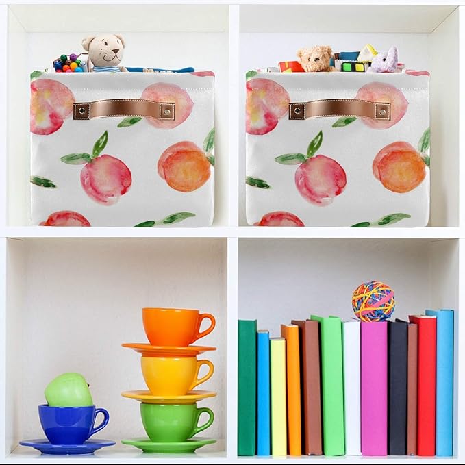 susiyo Large Foldable Storage Bin, Watercolor Peaches Fabric Storage Baskets Collapsible Decorative Baskets Organizing Basket Bin with PU Handles for Shelves Home Closet Bedroom Living Room-2Packs