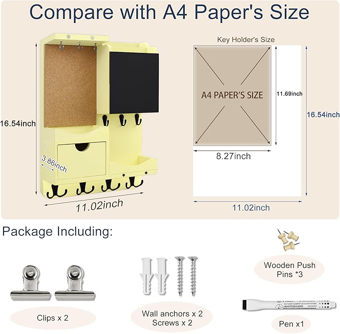 Key Holder Wall Mount， Mail Organizer Key Holder for Wall with Shelf, Drawer, Chalkboard, Corkboard, Home Decor Wall Mounted for Room Entryway (Ivory Yellow)