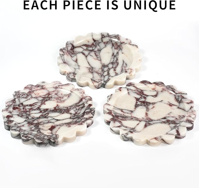 Scalloped Round Marble Tray - 9.9 Inch Violet Stone Decorative Perfume Trinket Jewelry Dish, Catchall Organizer for Bathroom Vanity Dresser Kitchen Countertop Home Decor